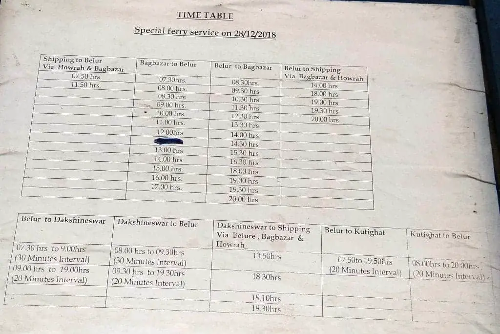 Howrah Kolkata to Belur math Dakshineswar ferry service timetable